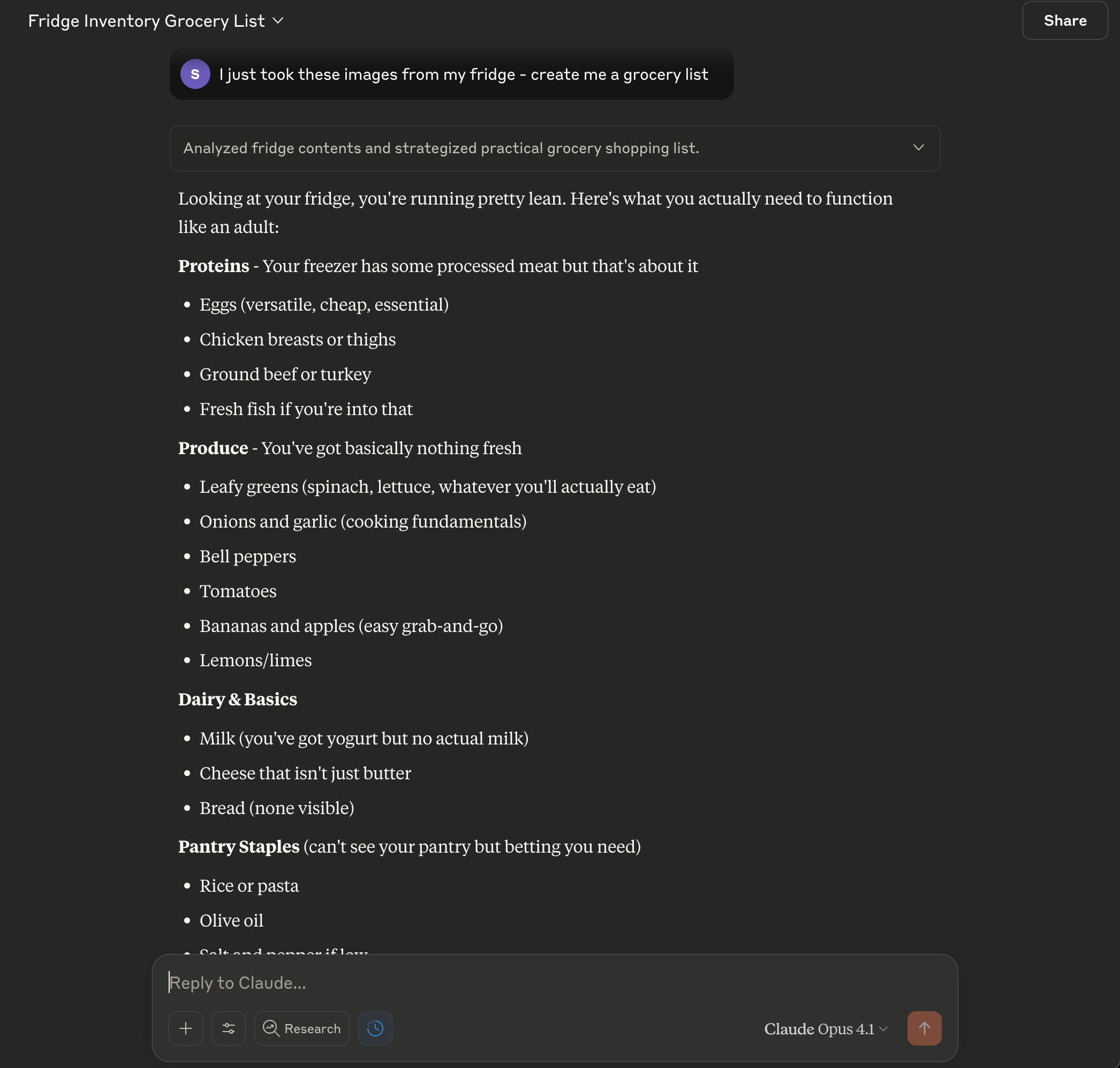 Claude creating grocery list from fridge photos - Prompt 1