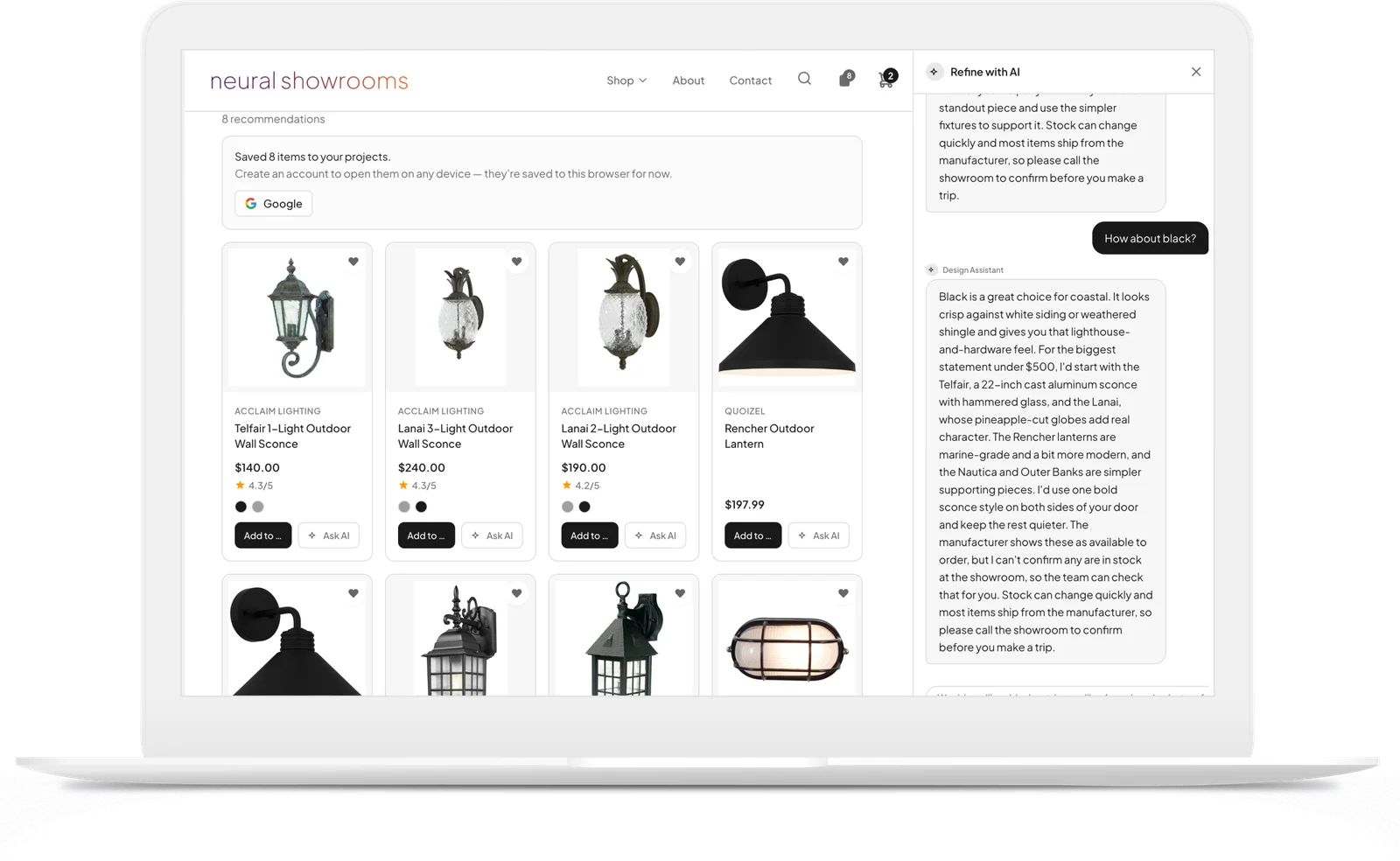 The Design Assistant on a Neural Showrooms storefront: eight outdoor sconces and lanterns saved to a project, and the assistant answering “How about black?” with the statement pieces under $500 and a note to call the showroom to confirm stock.